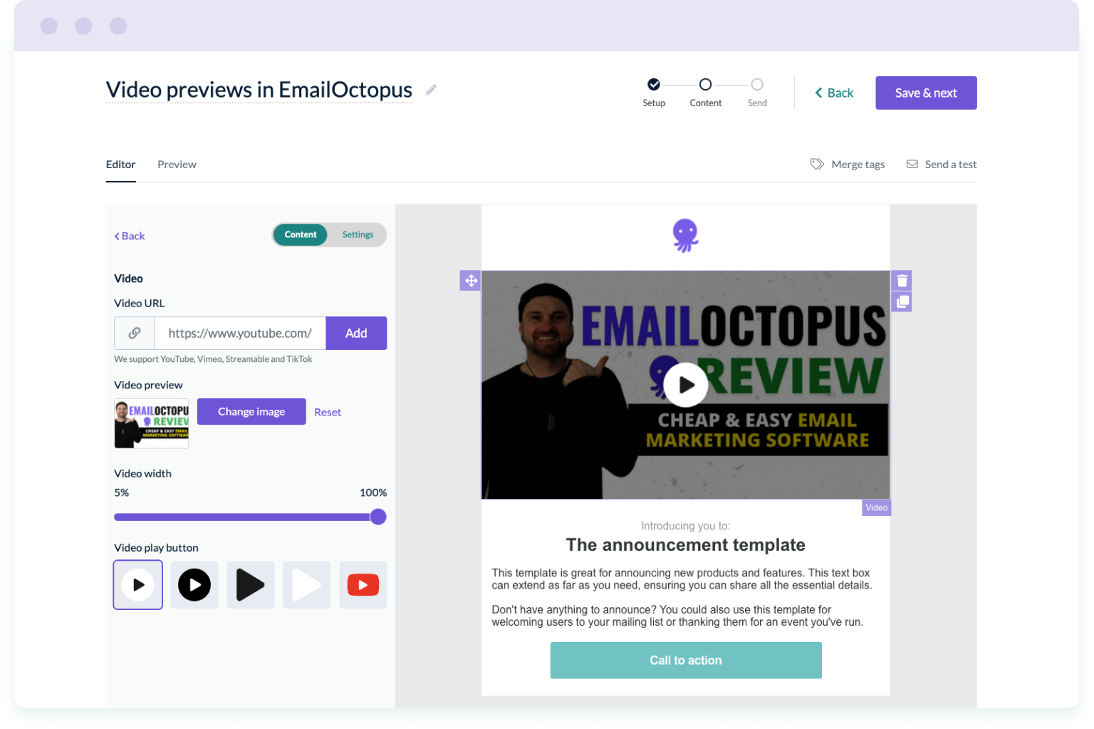 Screenshot of the EmailOctopus editor showing how to add a video thumbnail to your email campaigns