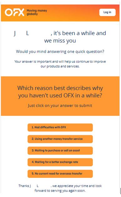 Example of an effective re-confirmation email from OFX as part of a re-engagement campaign