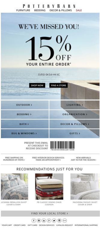 Example of a promo code sent as part of a re-engagement campaign from Pottery Barn