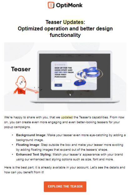 Example of a product update email sent by OptiMonk as part of an re-engagement campaign