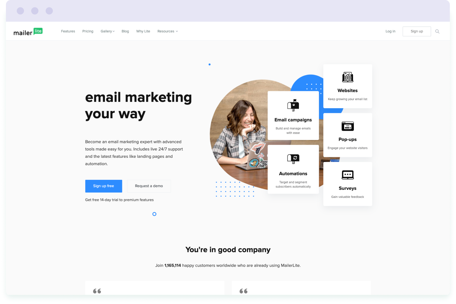 Image of the Mailerlite website homepage. Mailerlite is a cheaper alternative to Mailchimp. 