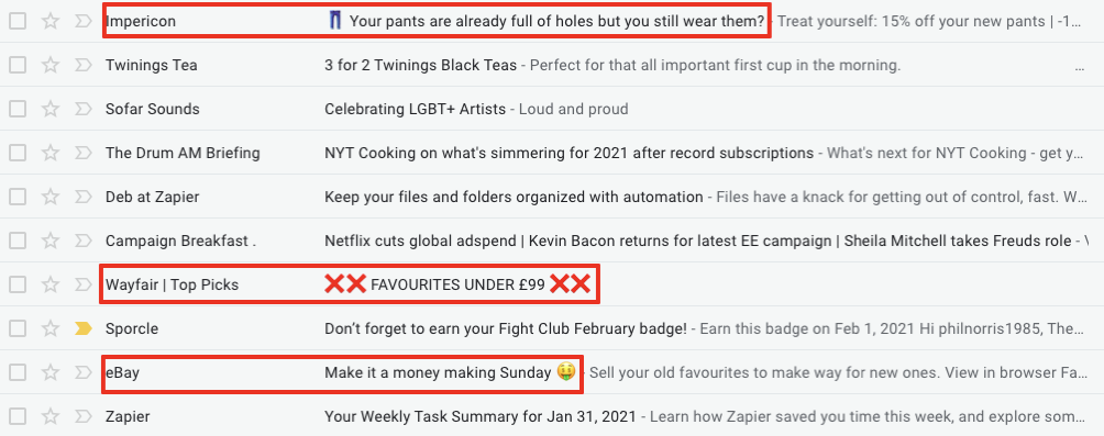 Examples of emojis used in sales emails from different brands