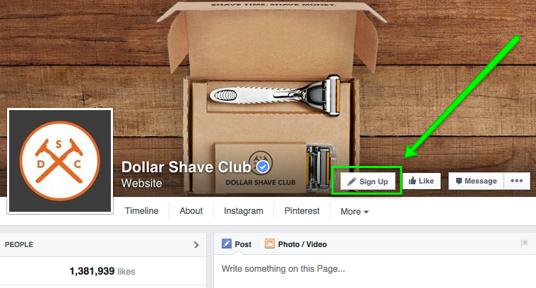An image of Dollar Shave Club using an action button on social media to encourage visitors to sign-up to their mailing list. This is one way social media can be integrated with email marketing. 