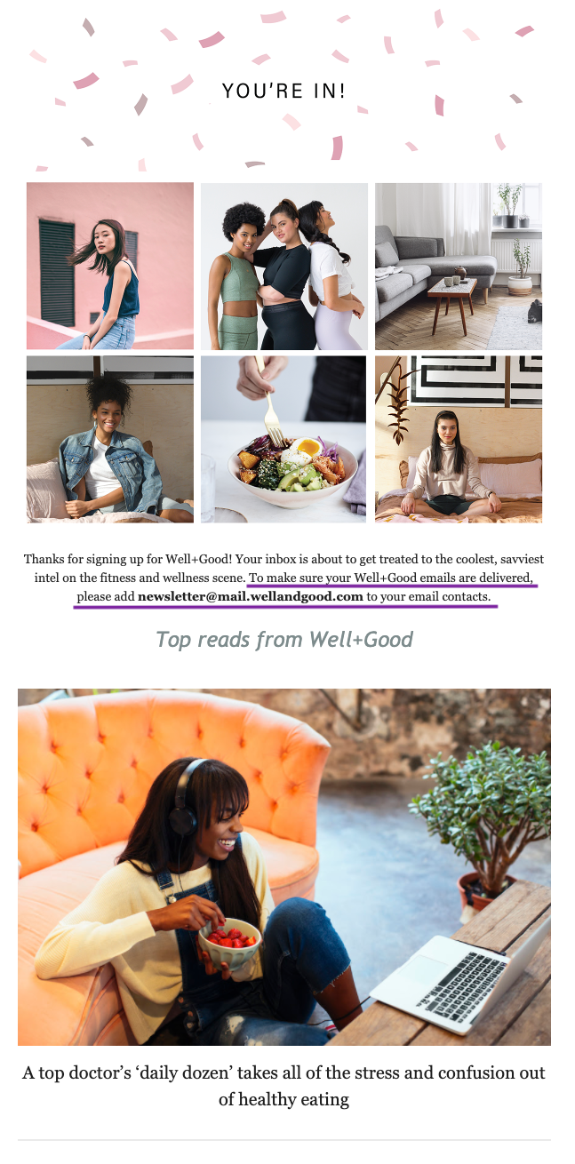 Example of a welcome email from Well+Good with a request to be added to contacts, which improves email deliverability