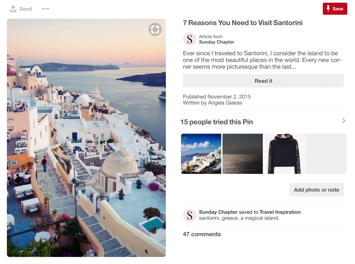 Screenshot of an Pinterest post entitled 7 Reasons You Need to Visit Santorini. 