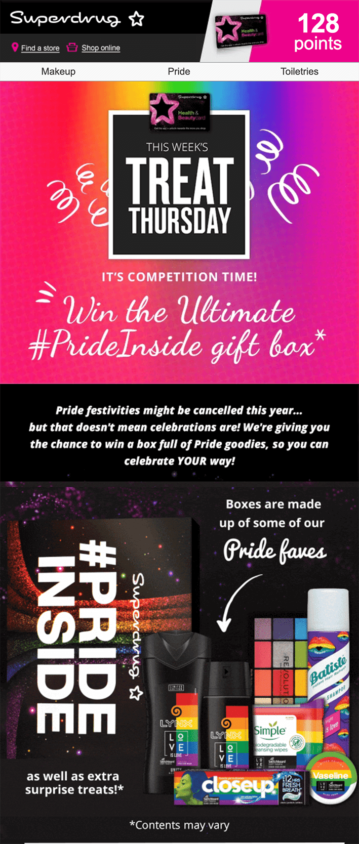 Part one of an email by Superdrug that promotes their social media competition. 