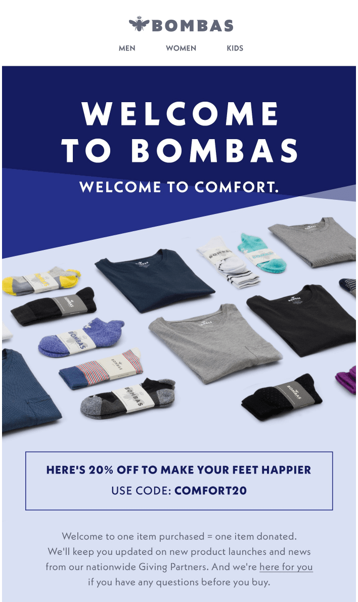 Example of a welcome email from Bombas who provide new subscribers with an exclusive welcome discount