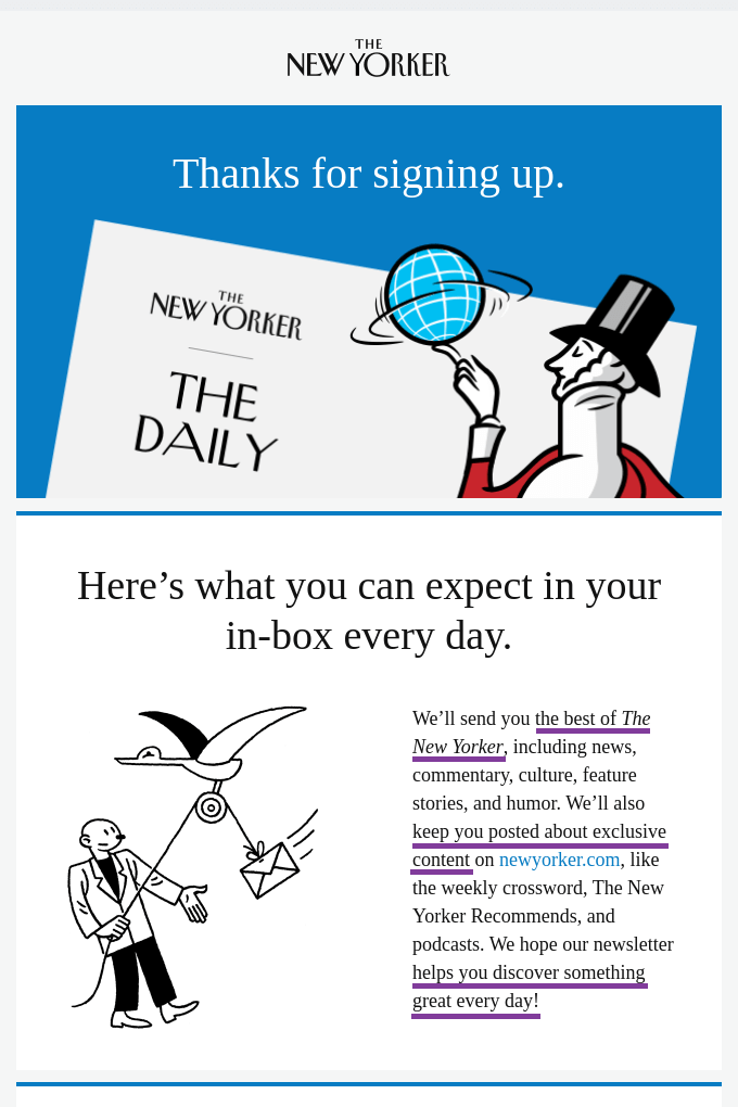 Example welcome email from The New Yorker showing how they explain the benefits to new subscribers